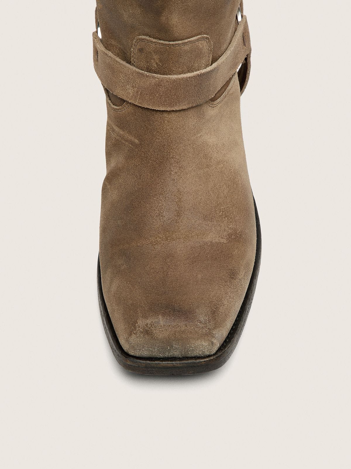Men's high Biker boots in dark beige waxed suede with strap and a silver-colored buckle