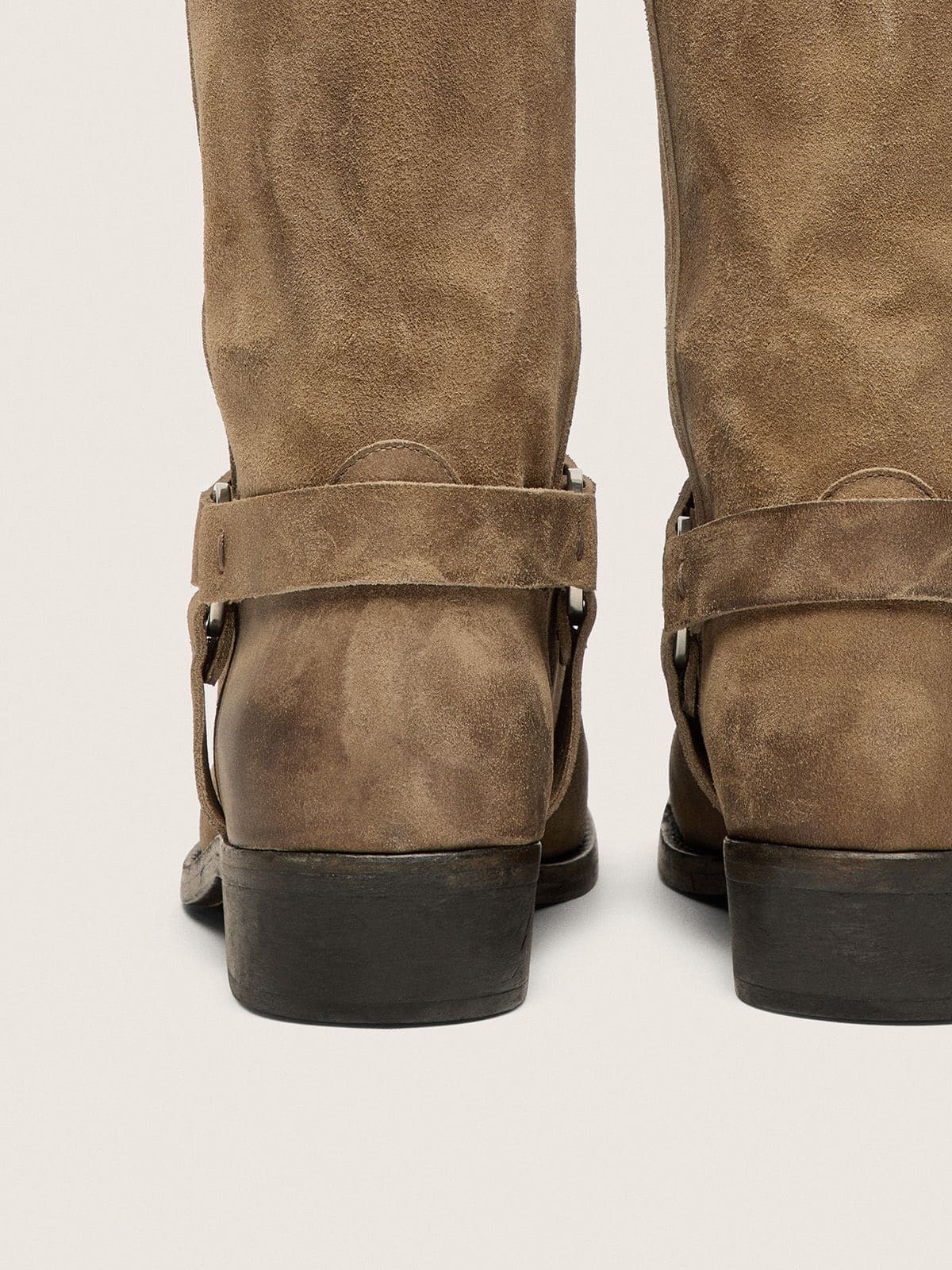 Men's high Biker boots in dark beige waxed suede with strap and a silver-colored buckle