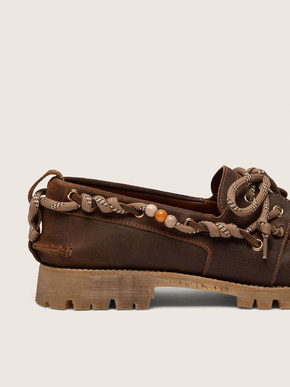 Men's Cruise loafers in brown waxed suede with dove gray hiking laces