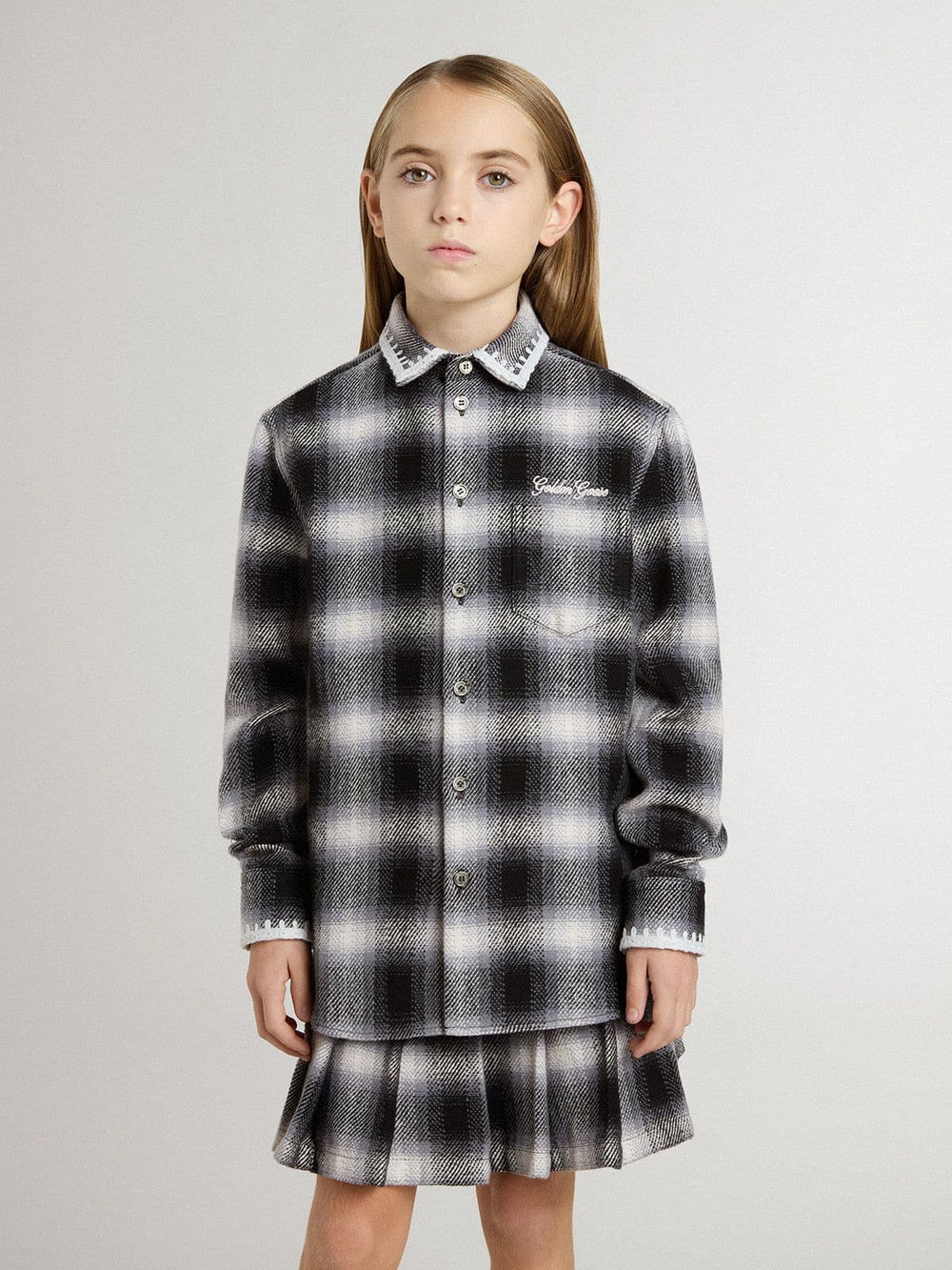 Kids' black and white checked shirt with white embroidery
