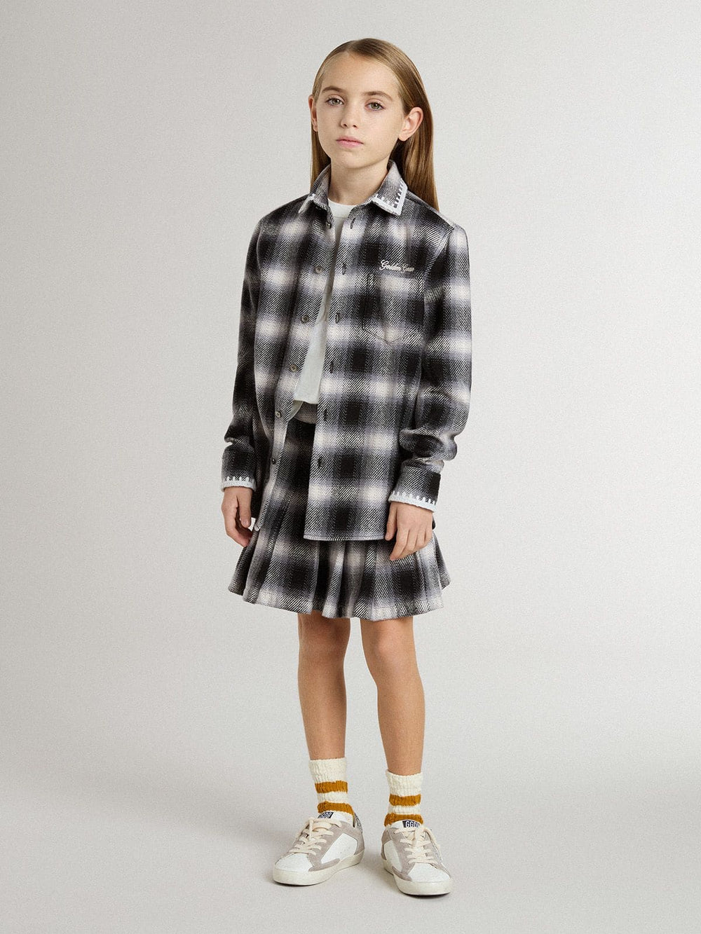 Kids' black and white checked shirt with white embroidery