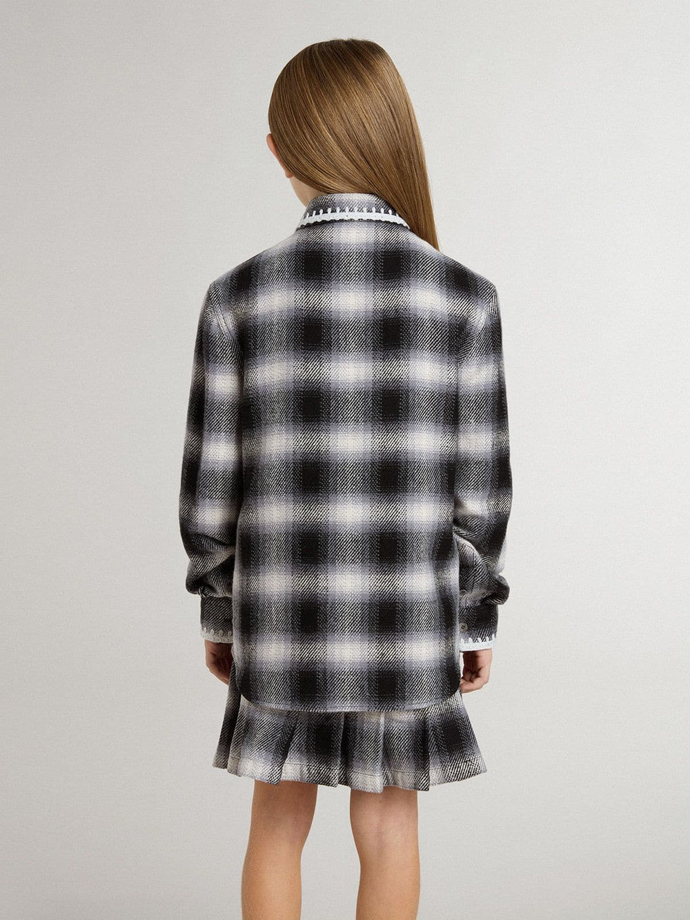 Kids' black and white checked shirt with white embroidery