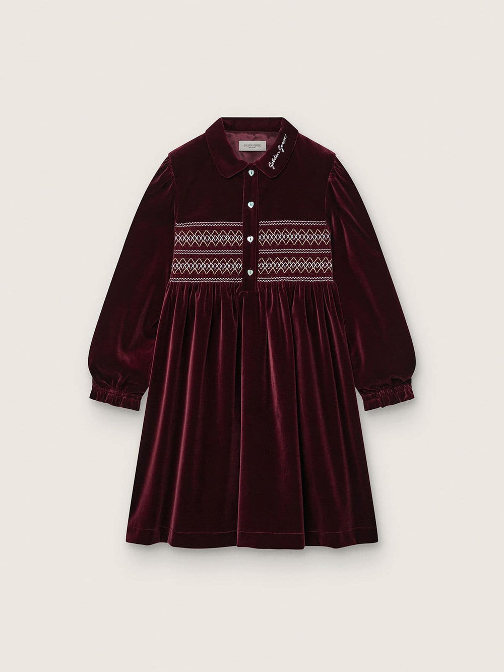 Girls’ burgundy velvet-effect dress with embroidery on the front