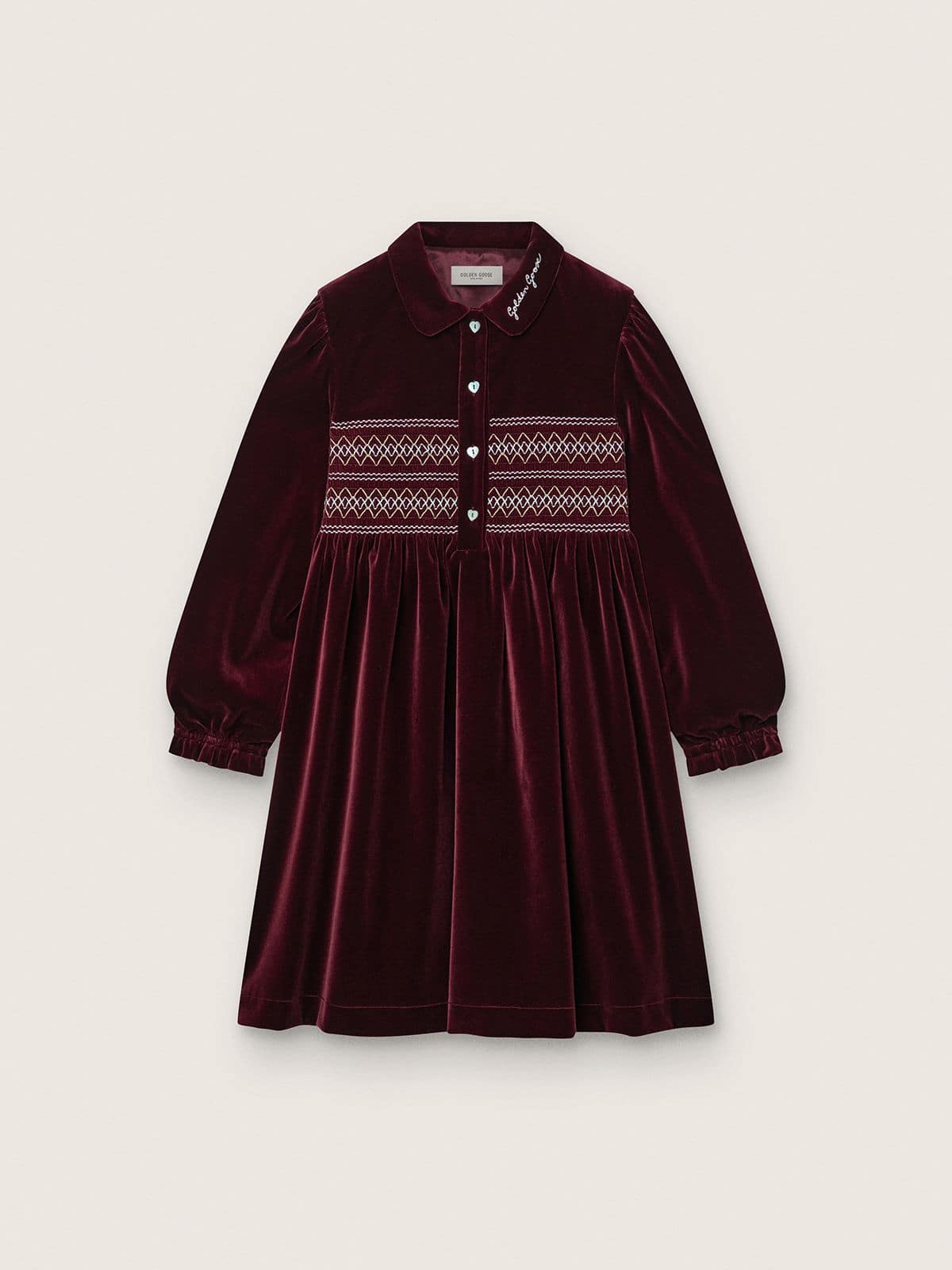 Girls’ burgundy velvet-effect dress with embroidery on the front