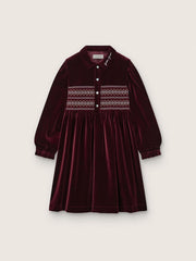 Girls’ burgundy velvet-effect dress with embroidery on the front