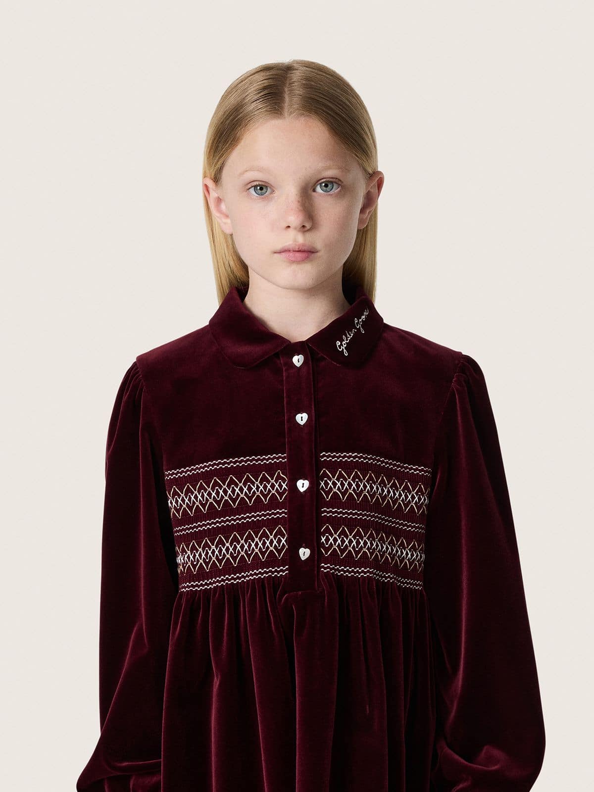 Girls’ burgundy velvet-effect dress with embroidery on the front