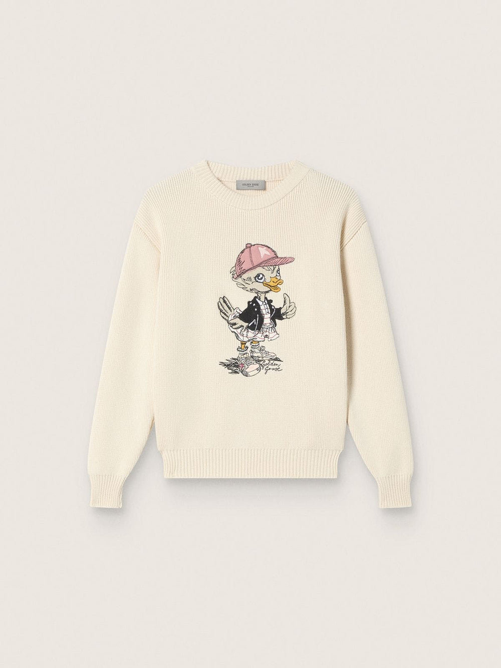 Golden girls’ sweater in white cotton yarn with mascot embroidery