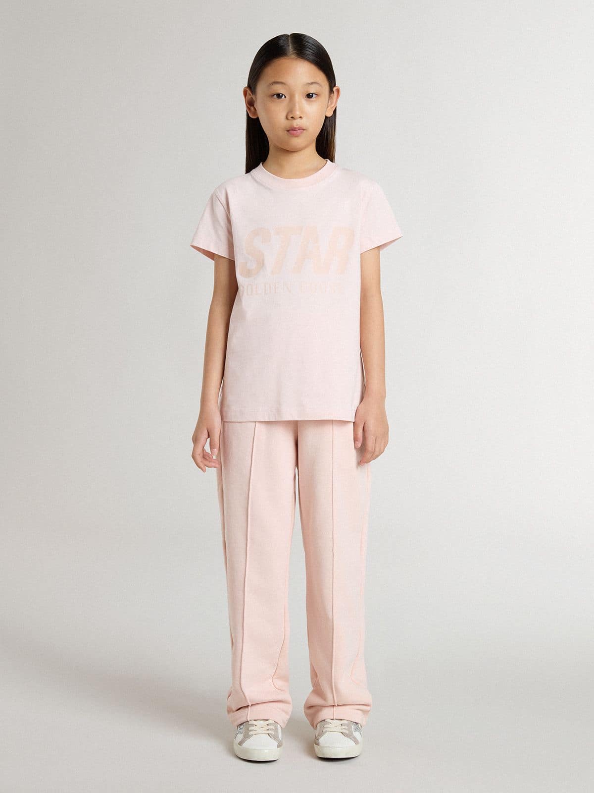 Girls' pink T-shirt with pink print on the front