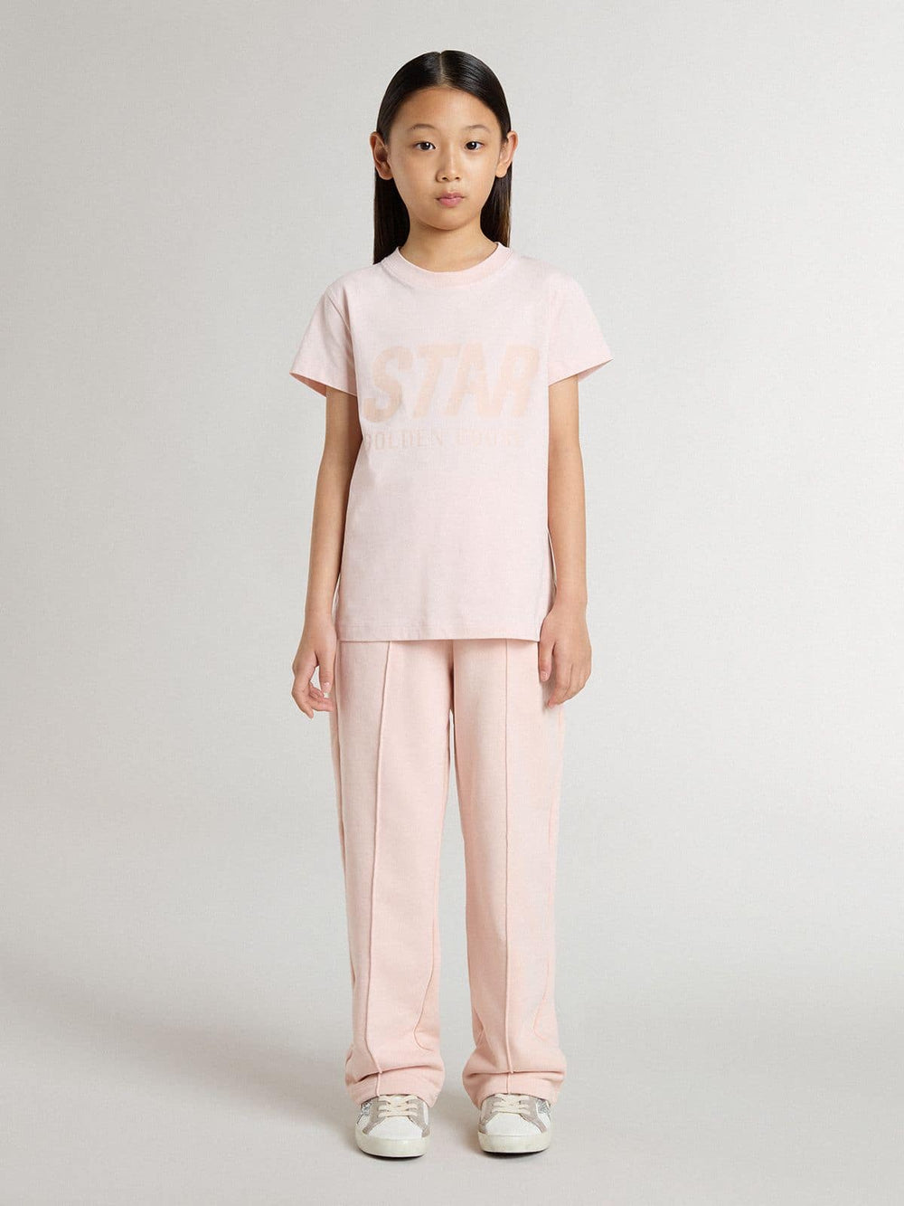 Girls' pink T-shirt with pink print on the front