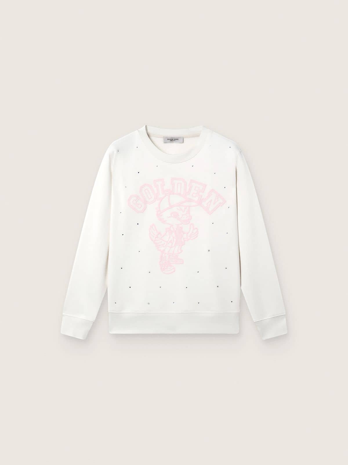 Journey white cotton crew-neck sweatshirt for girls with mascot print and crystal appliqués