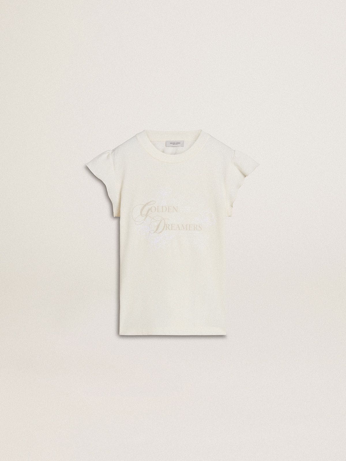 Girls' T-shirt with ruffled sleeves with lettering and embroidery
