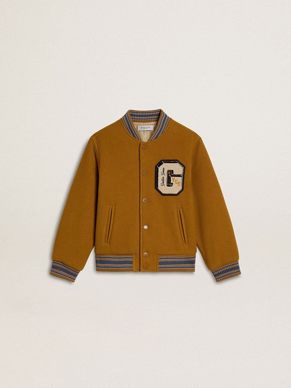 Kids’ wool bomber jacket in ochre yellow with patch