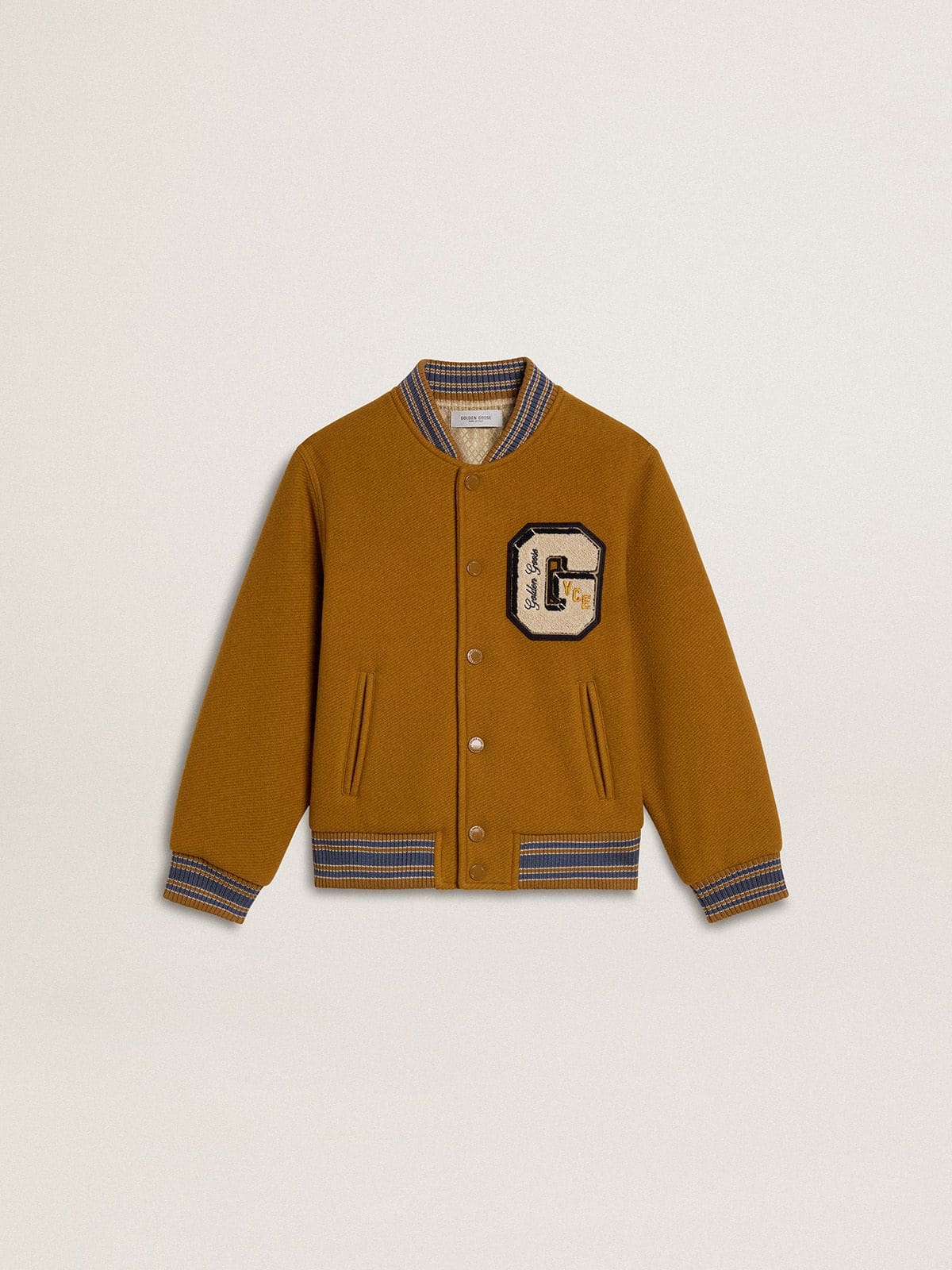 Kids’ wool bomber jacket in ochre yellow with patch