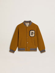 Kids’ wool bomber jacket in ochre yellow with patch