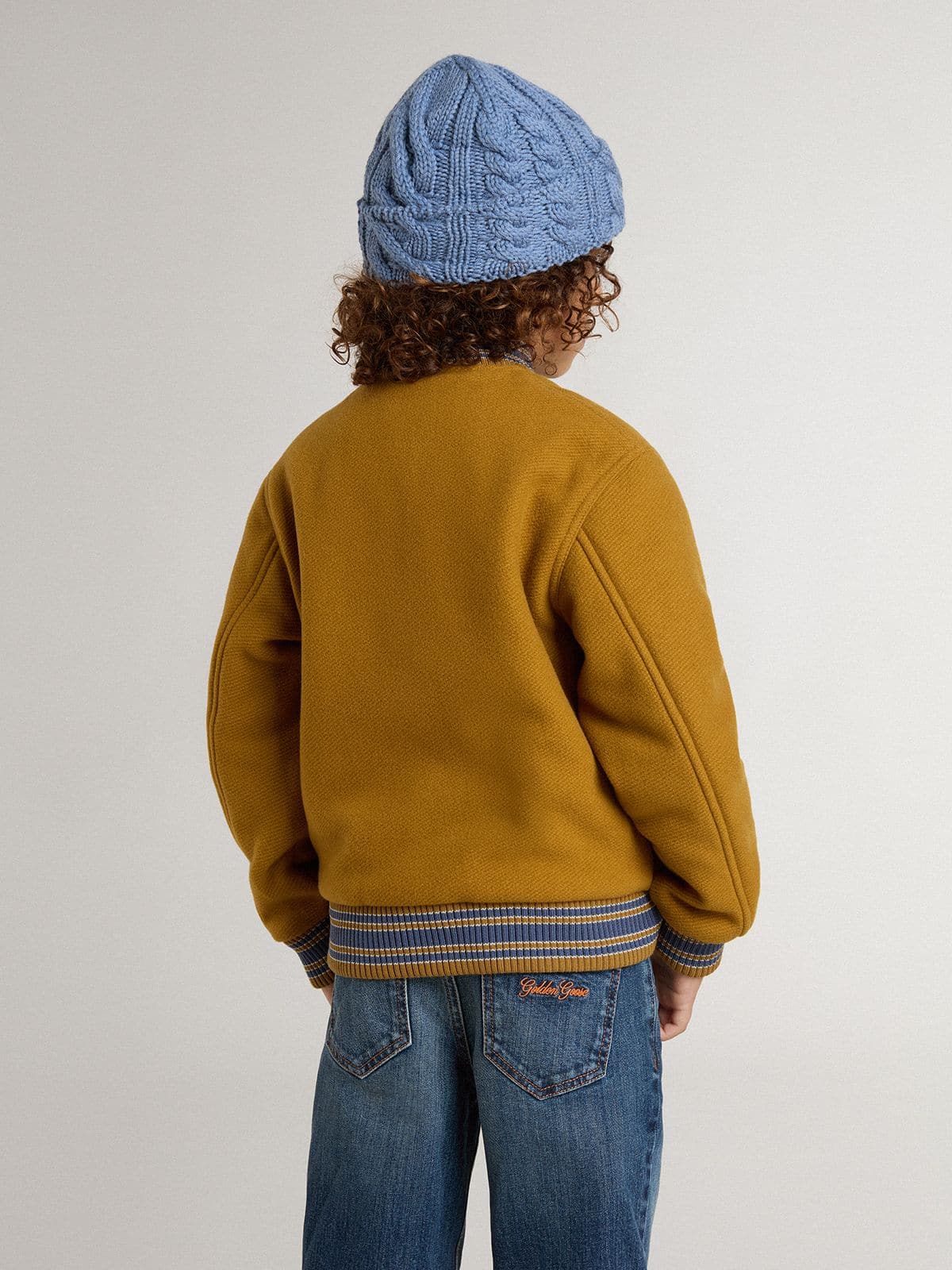 Kids’ wool bomber jacket in ochre yellow with patch