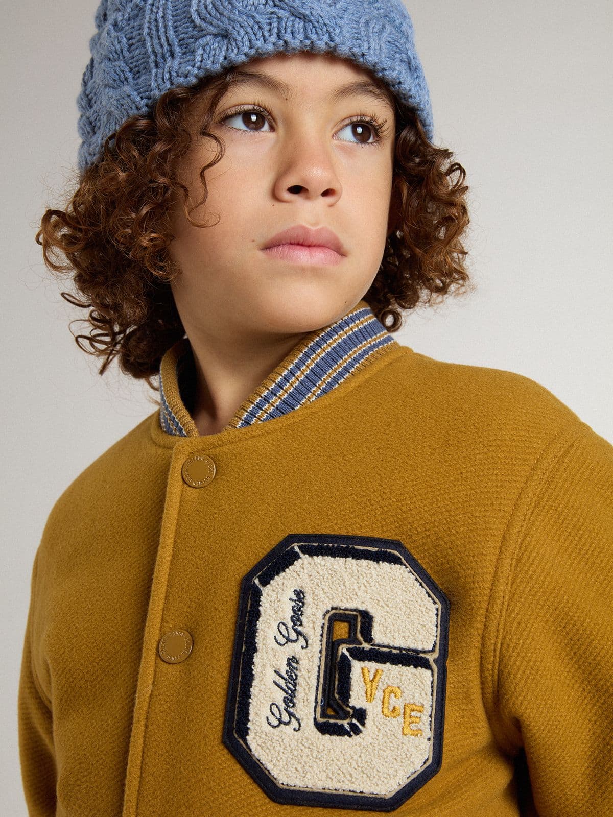 Kids’ wool bomber jacket in ochre yellow with patch