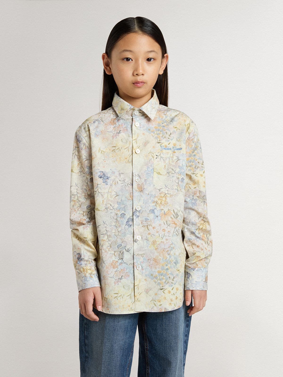 Girls' cotton shirt with multicolor floral print