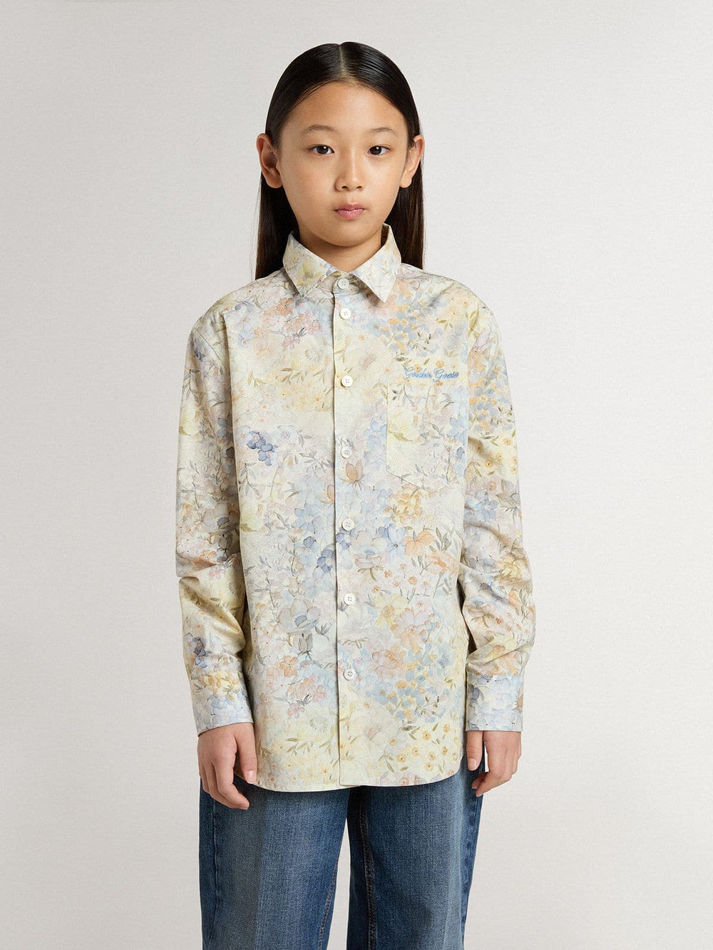Girls' cotton shirt with multicolor floral print