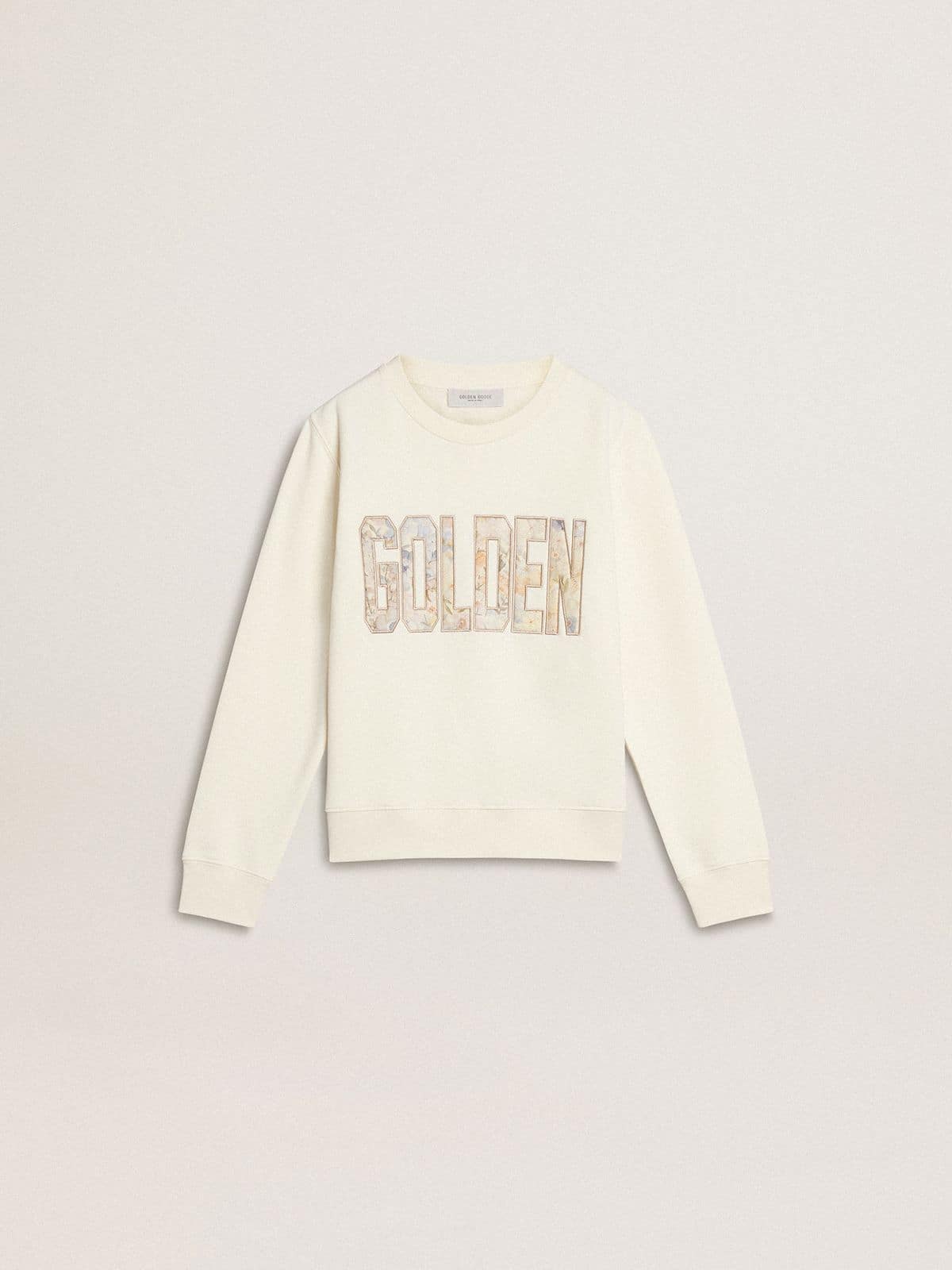 Girls' white sweatshirt with multicolor Golden writing on the front