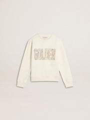 Girls' white sweatshirt with multicolor Golden writing on the front