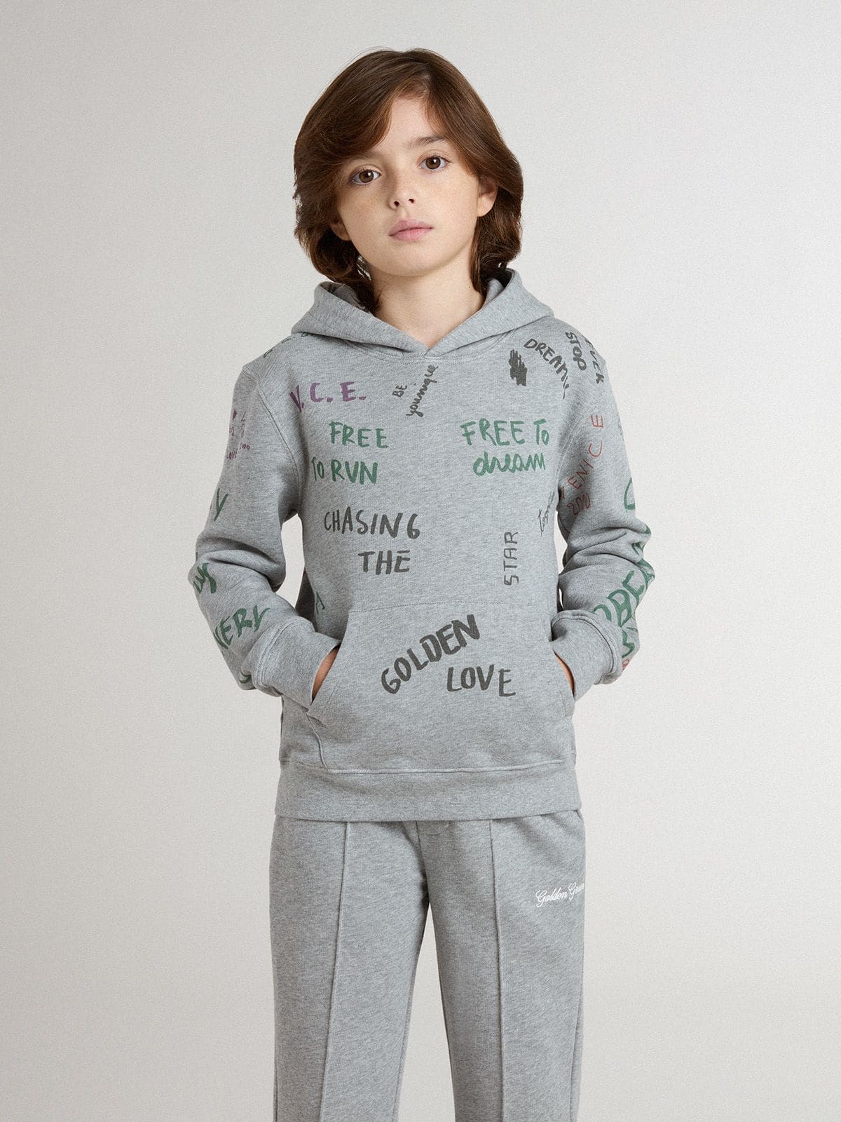 Kids’ gray sweatshirt with multicolor printed lettering