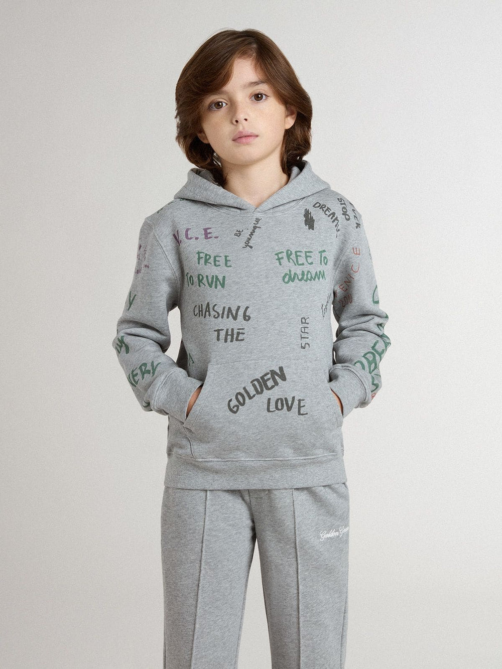 Kids’ gray sweatshirt with multicolor printed lettering