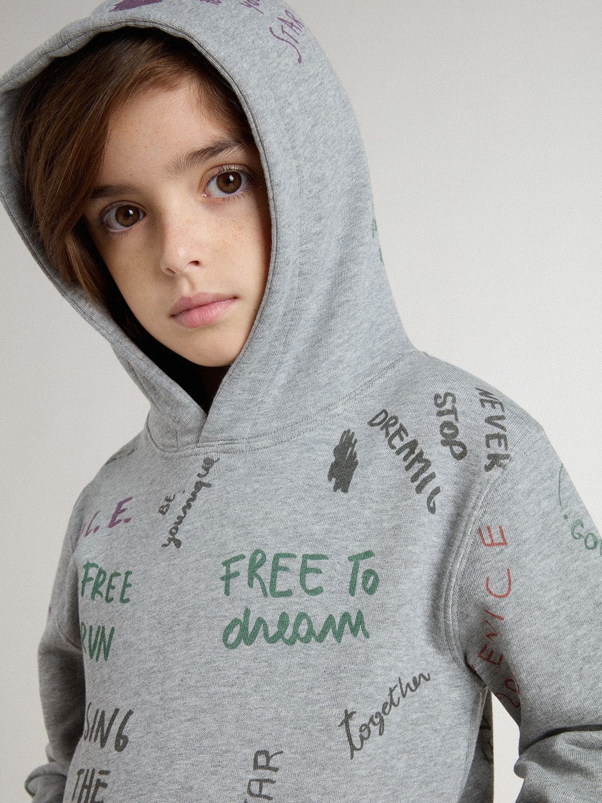 Kids’ gray sweatshirt with multicolor printed lettering