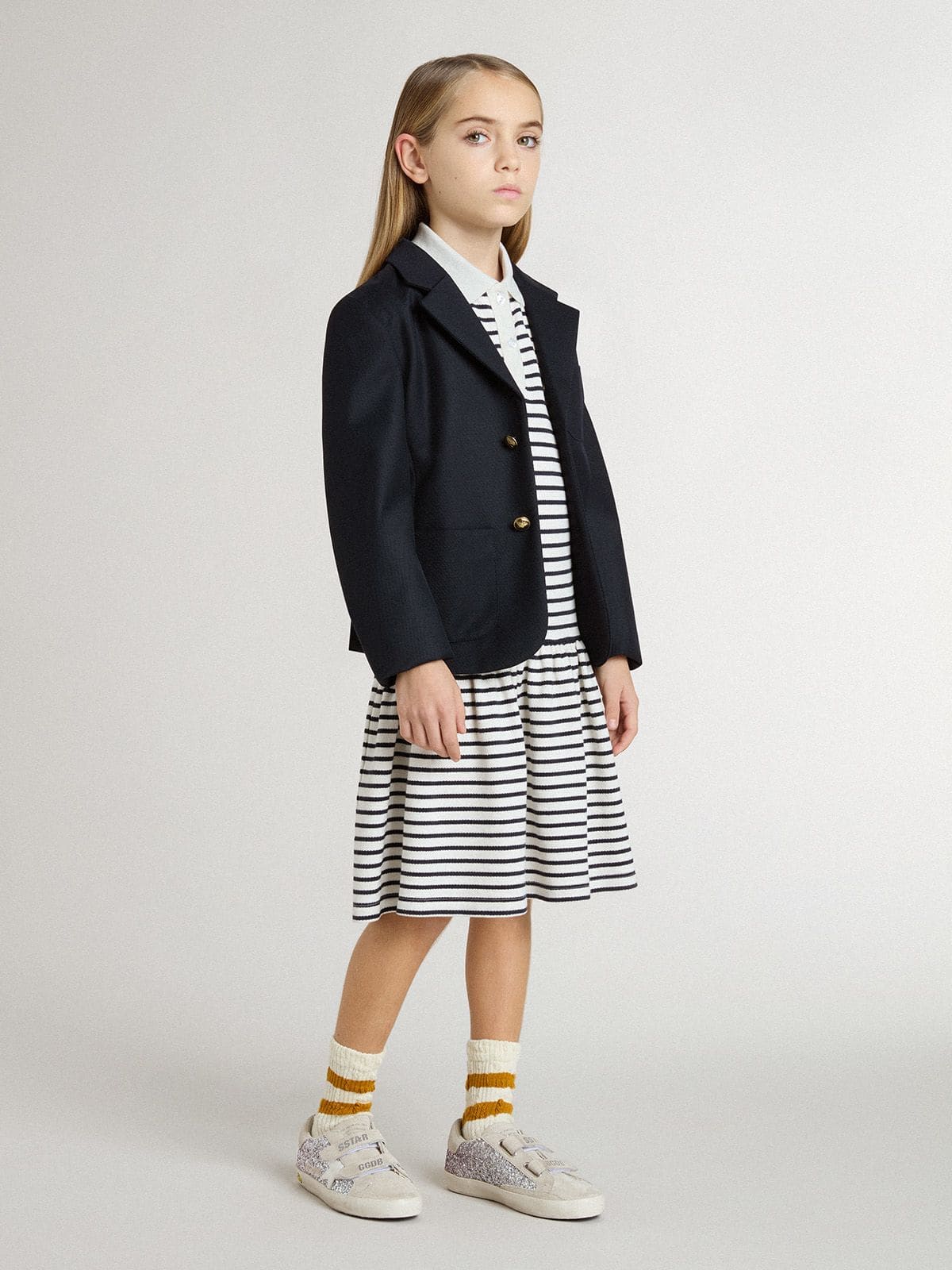 Girls' midi dress in striped cotton blend with embroidery