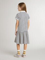 Girls' midi dress in striped cotton blend with embroidery