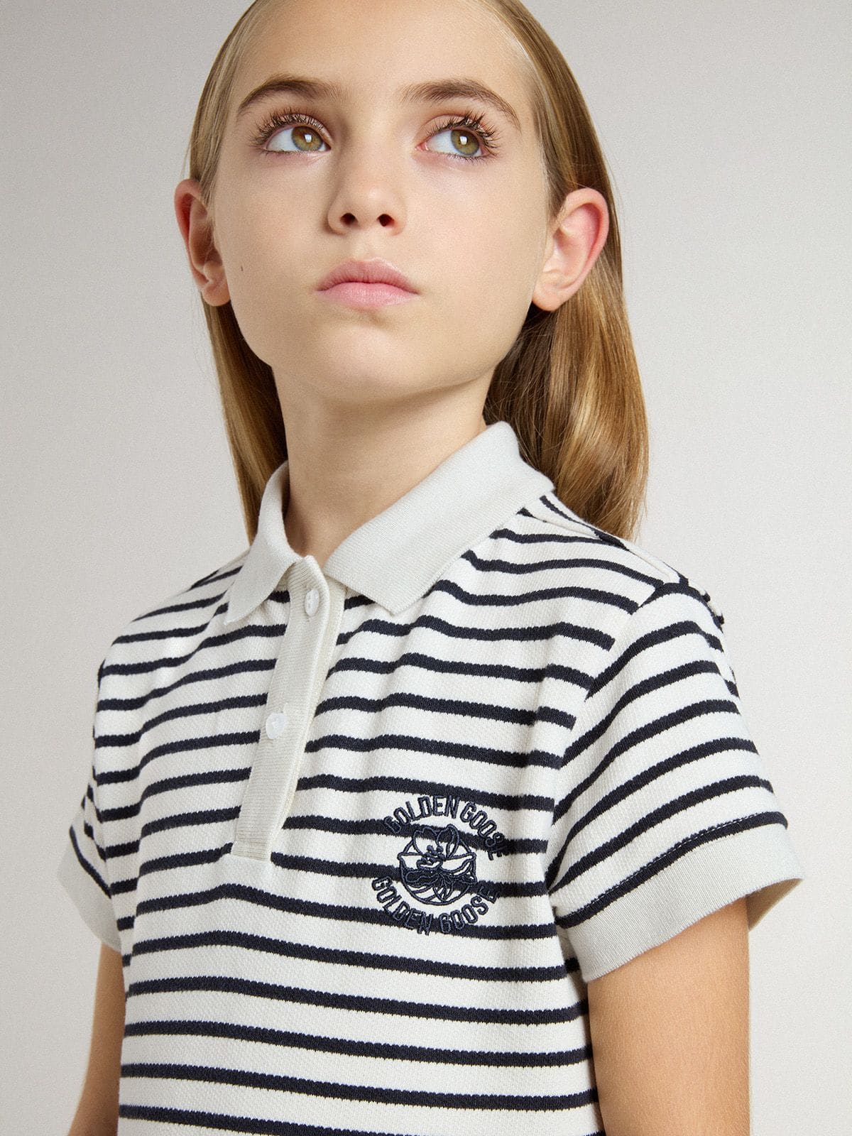 Girls' midi dress in striped cotton blend with embroidery