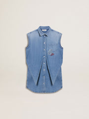 Girls' denim dress with front knot and embroidery