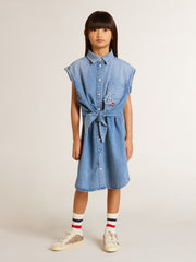 Girls' denim dress with front knot and embroidery