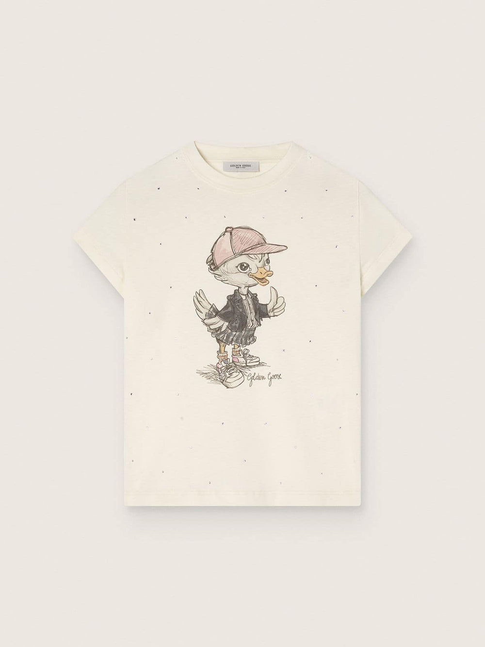 Journey T-shirt for girls in white cotton jersey with digital mascot print and crystal appliqués