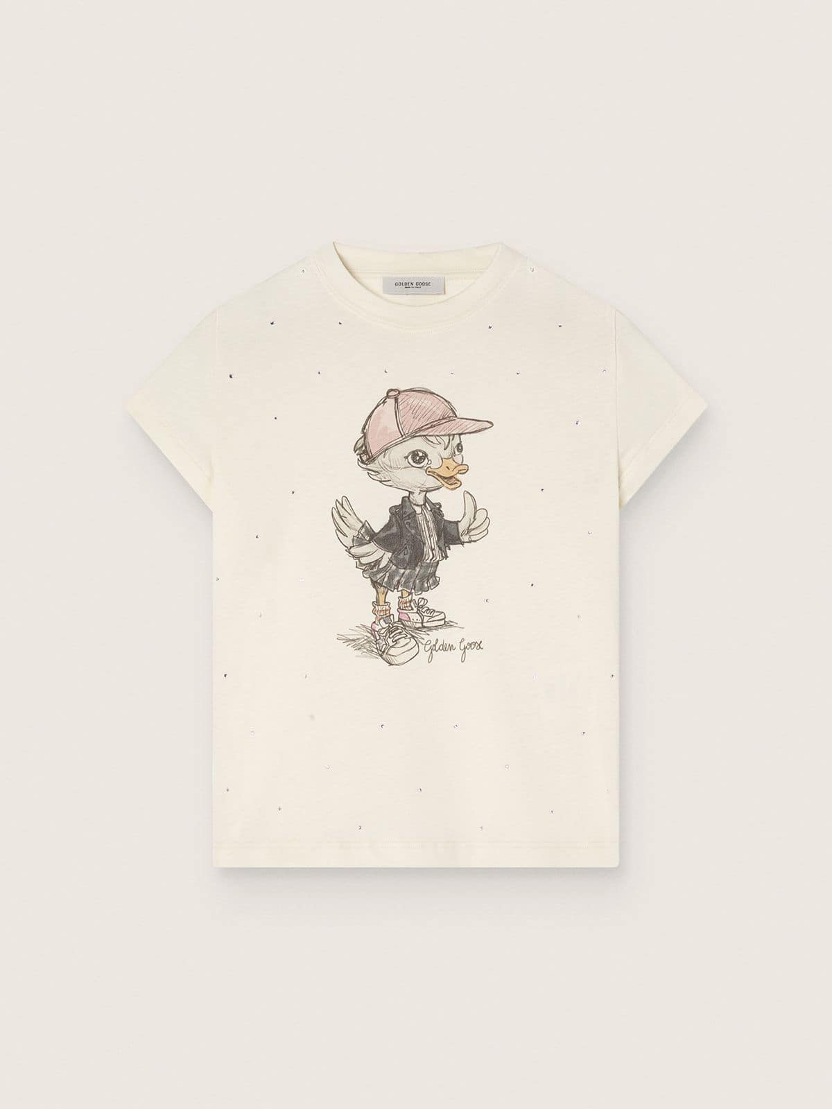 Journey T-shirt for girls in white cotton jersey with digital mascot print and crystal appliqués