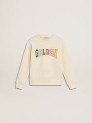 Sweatshirt in aged white with multicolor Golden lettering on the front
