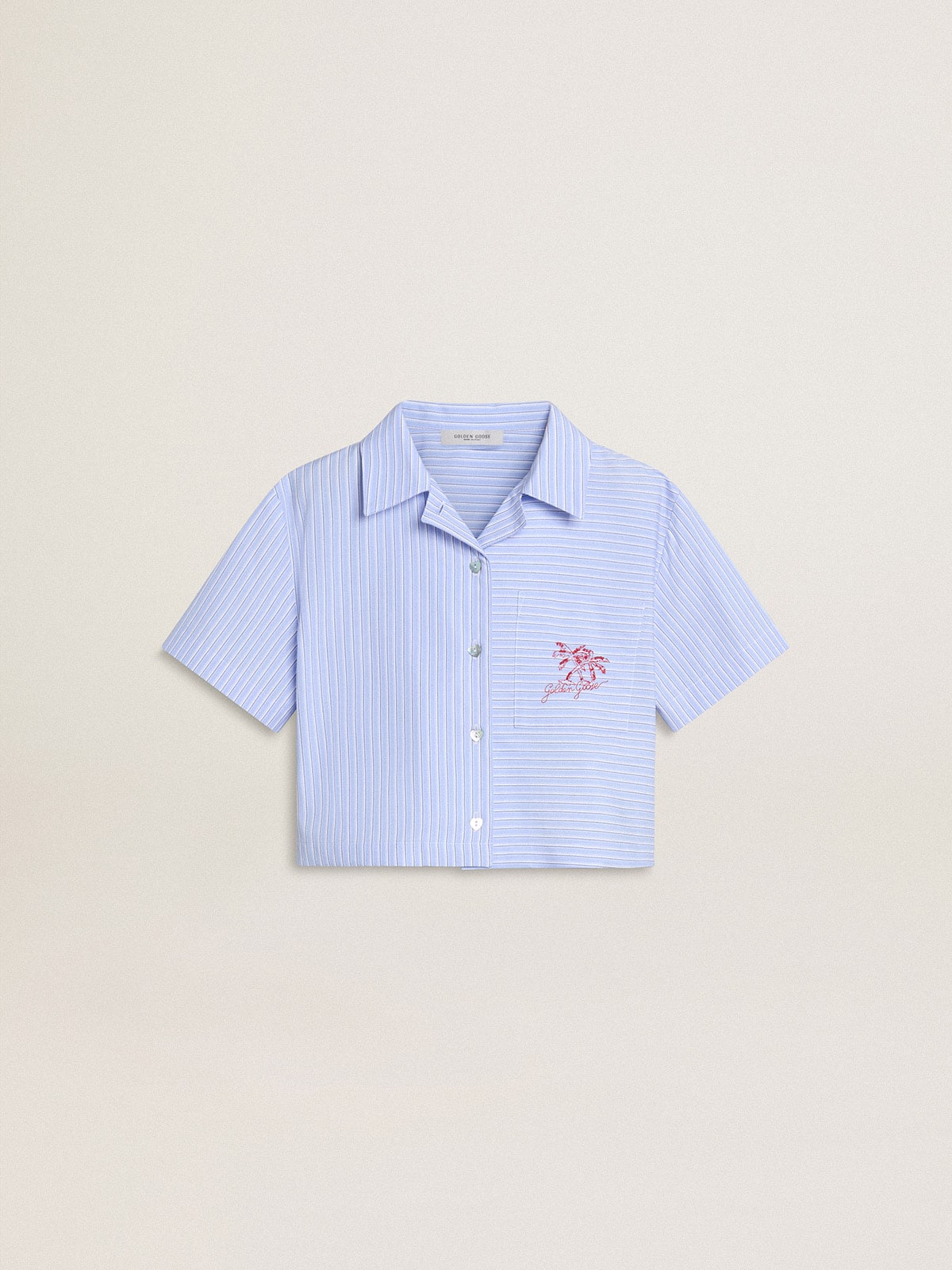 Girls' cropped shirt in striped light blue cotton