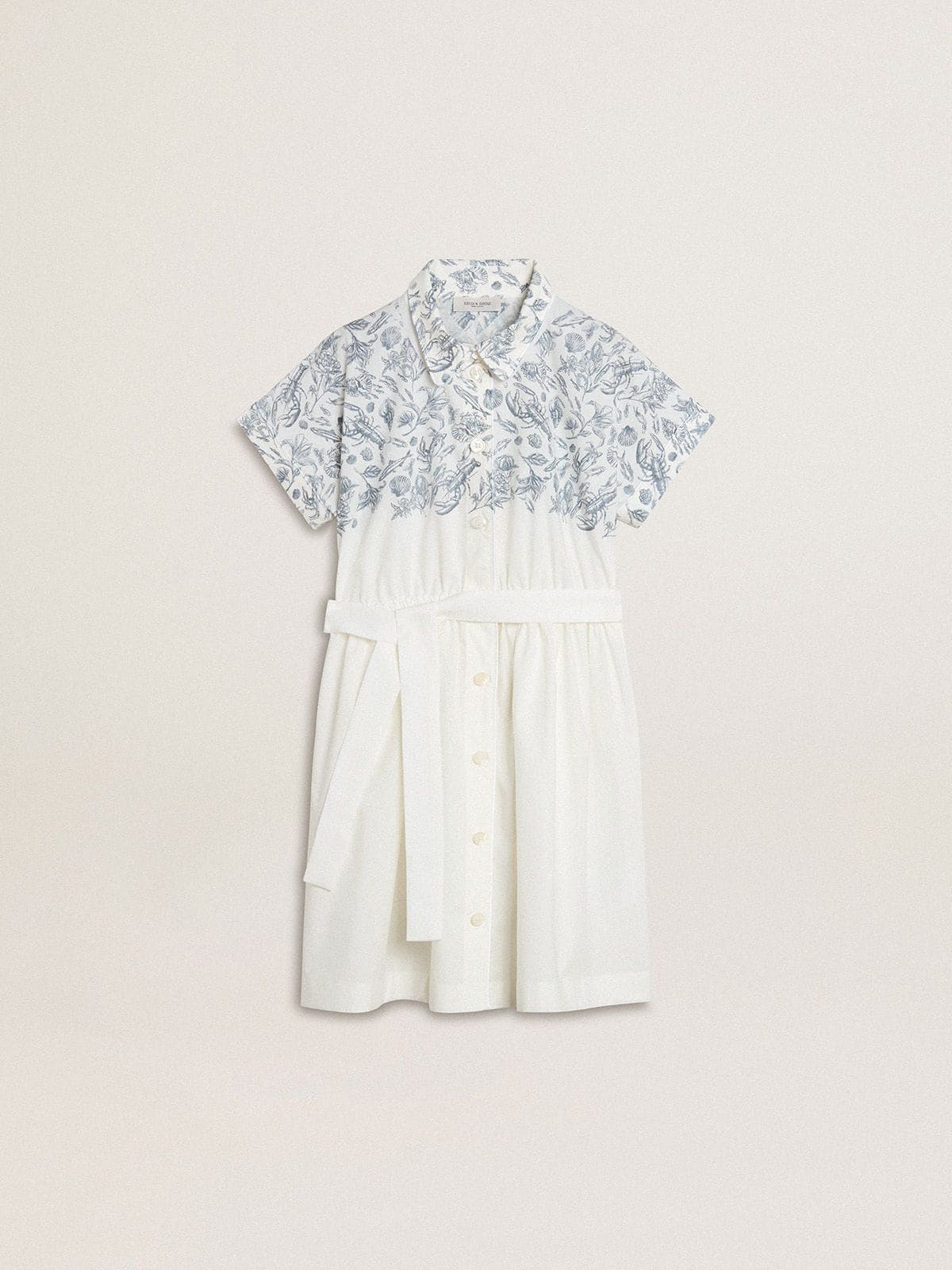 Girls’ shirt dress in white cotton canvas with a blue nautical print and white piping
