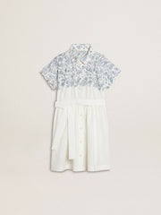 Girls’ shirt dress in white cotton canvas with a blue nautical print and white piping
