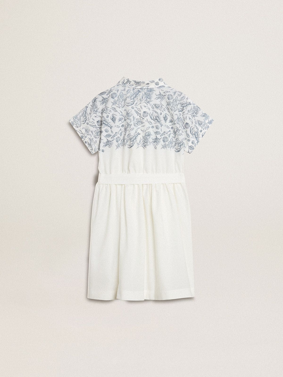 Girls’ shirt dress in white cotton canvas with a blue nautical print and white piping