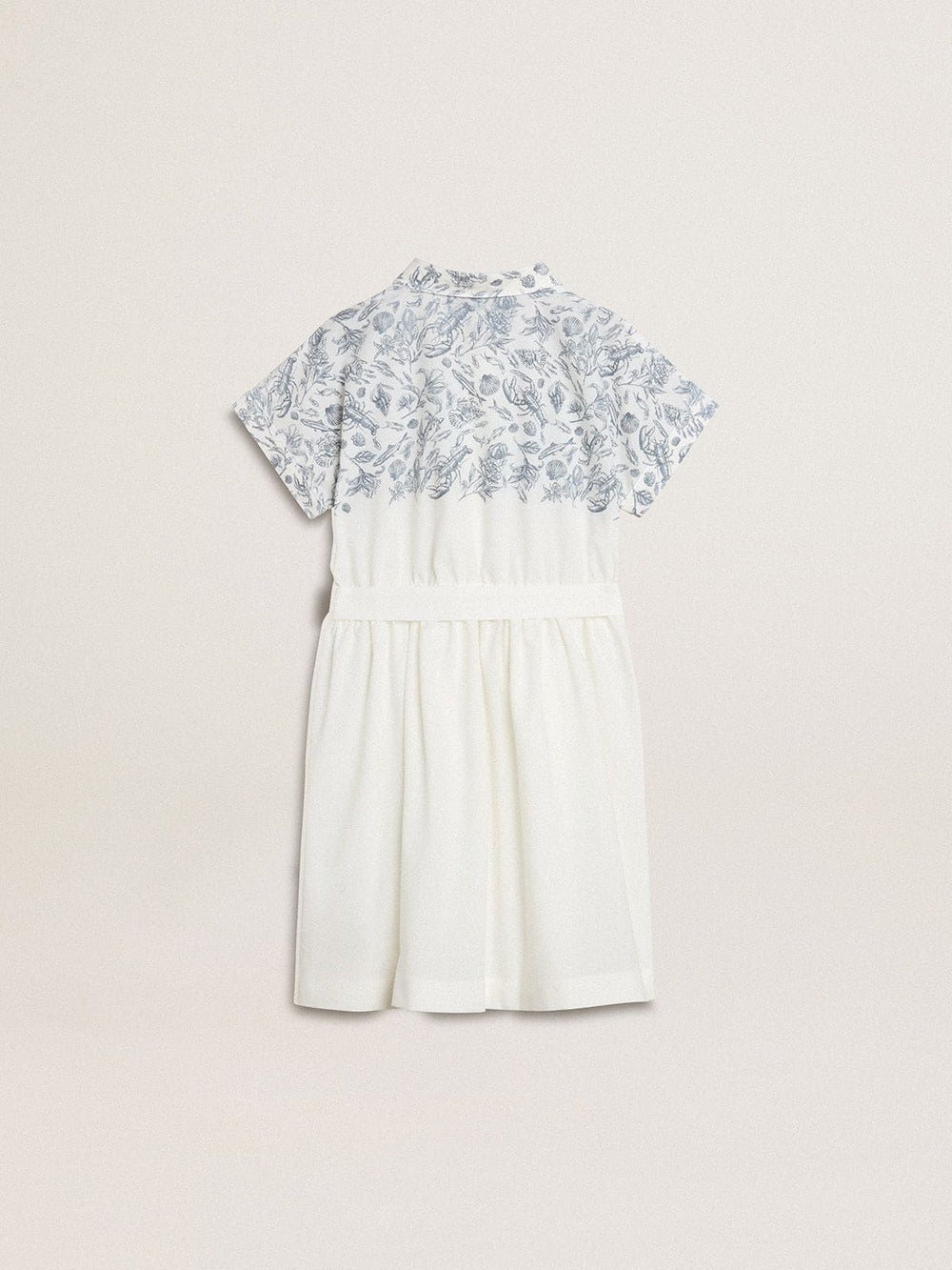 Girls’ shirt dress in white cotton canvas with a blue nautical print and white piping