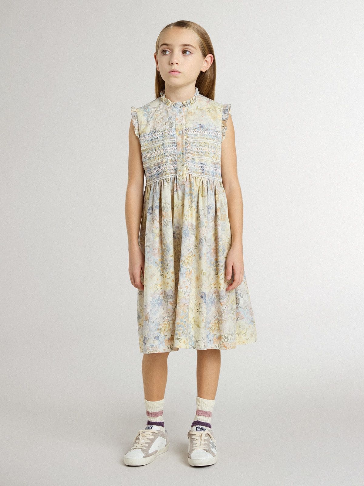 Girls' cotton midi dress with multicolor floral print