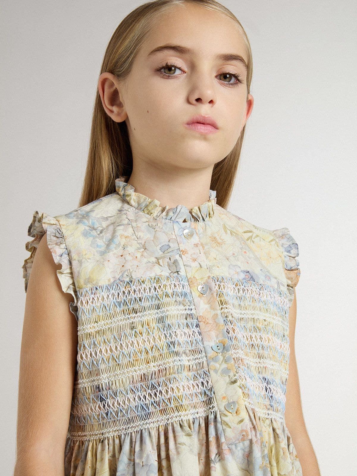 Girls' cotton midi dress with multicolor floral print