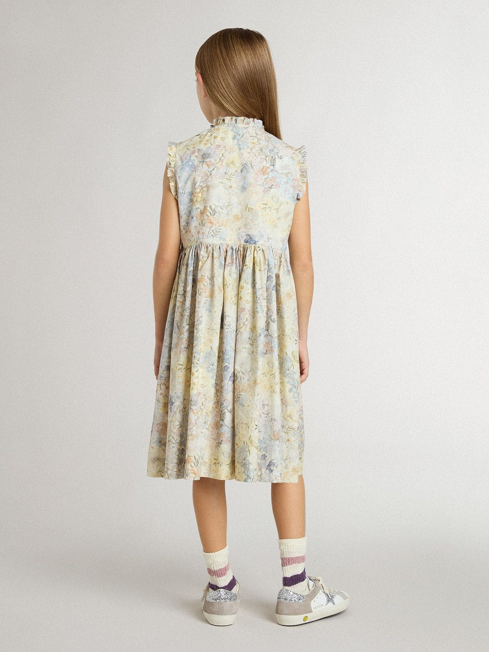Girls' cotton midi dress with multicolor floral print