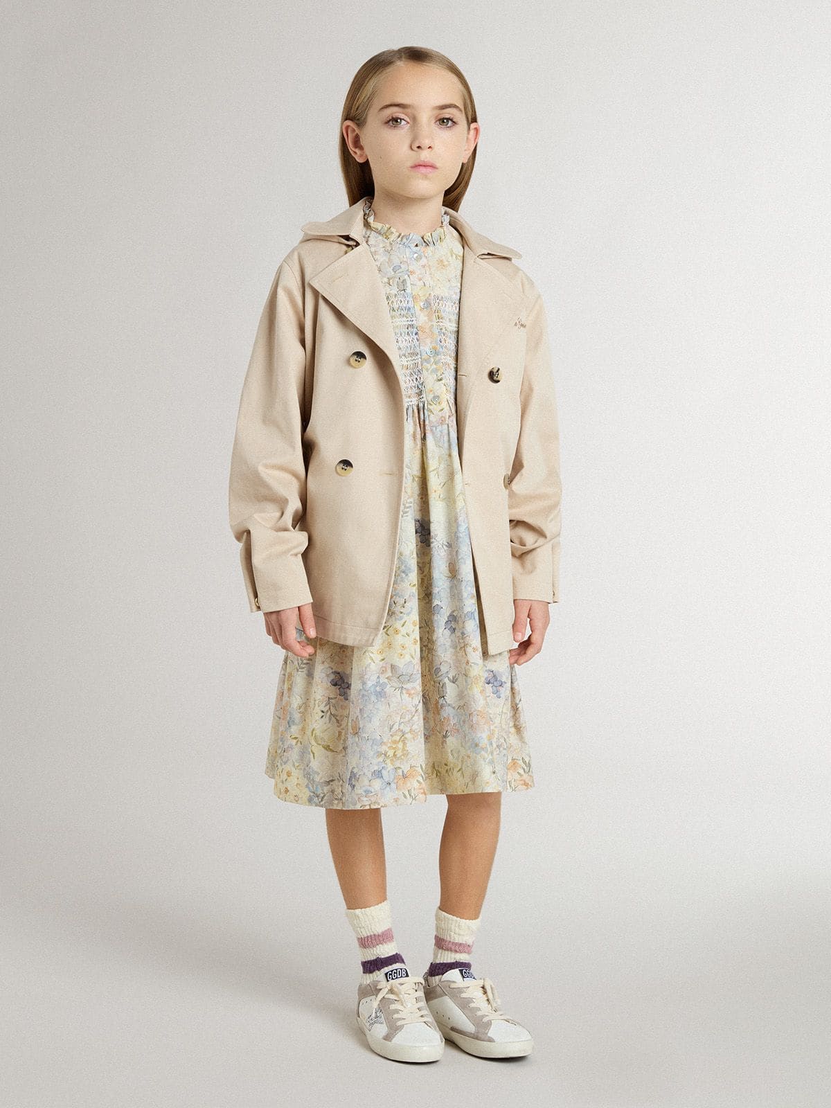 Girls' cotton midi dress with multicolor floral print