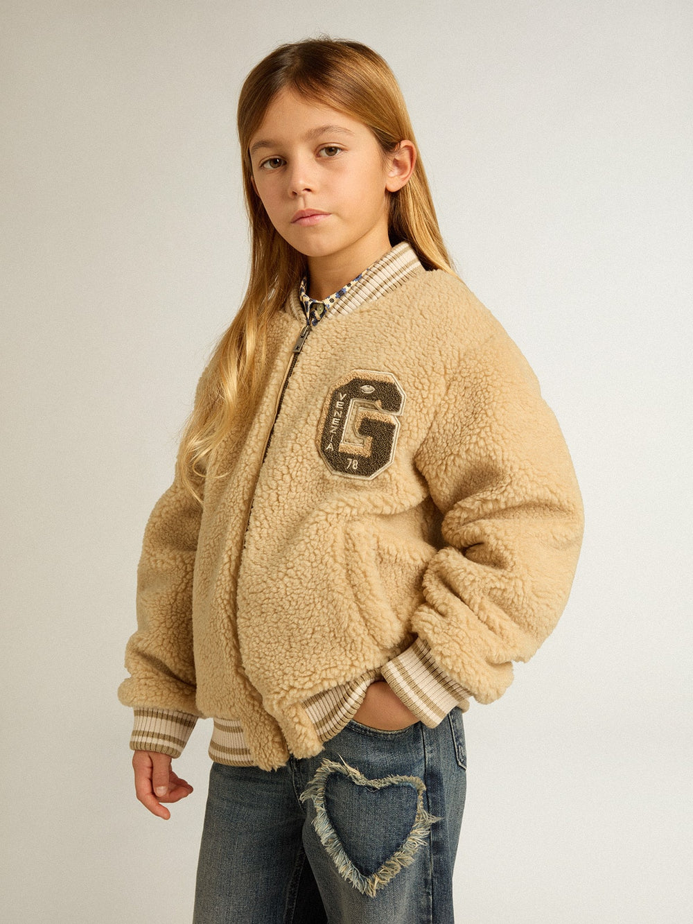 Kids beige fleece bomber jacket