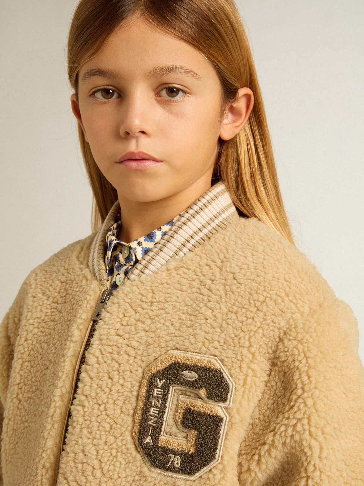 Kids beige fleece bomber jacket