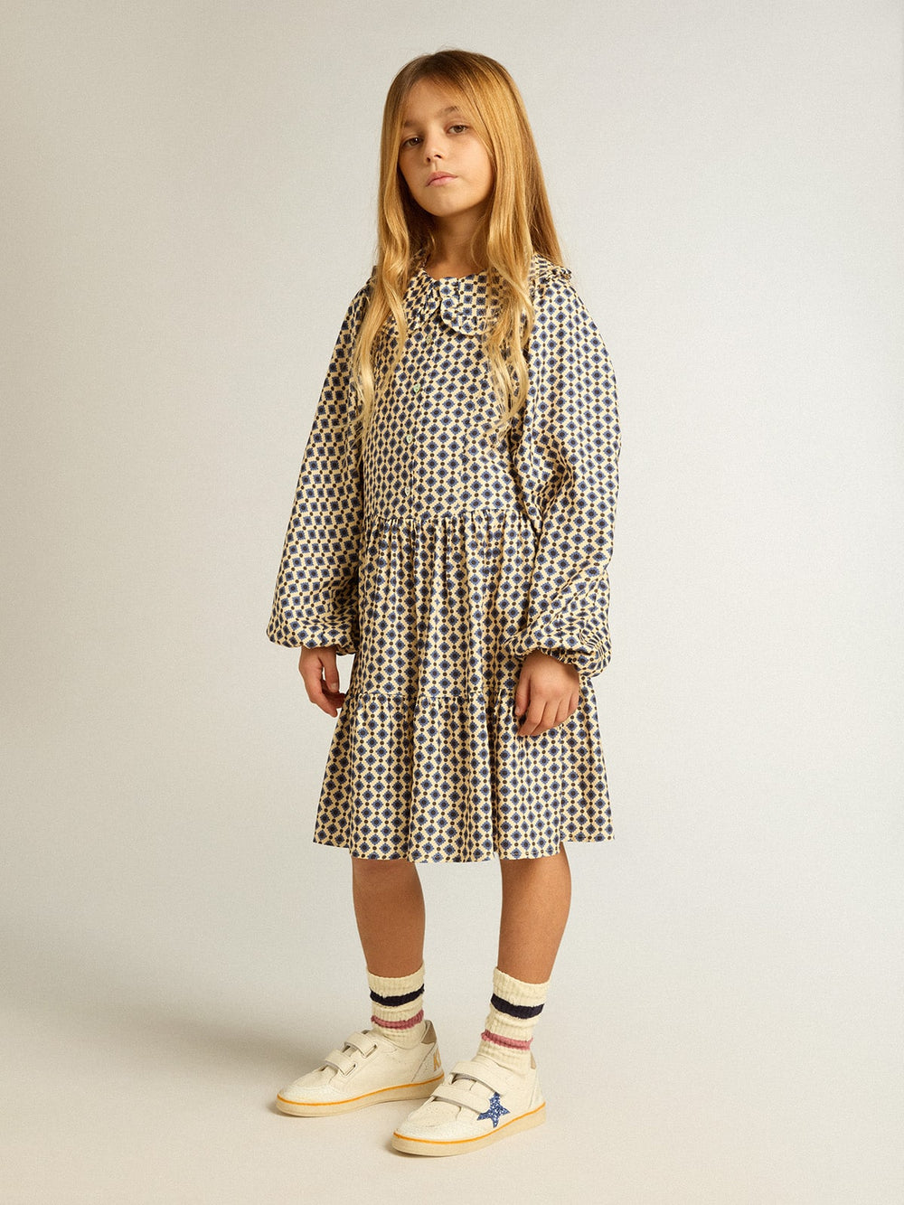 Girls' dress with geometric print and removable collar