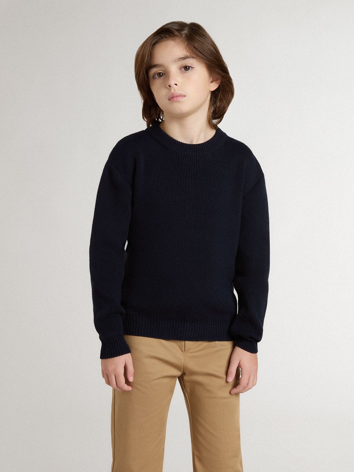 Boys’ blue crew-neck sweater with 'Golden' lettering on the back