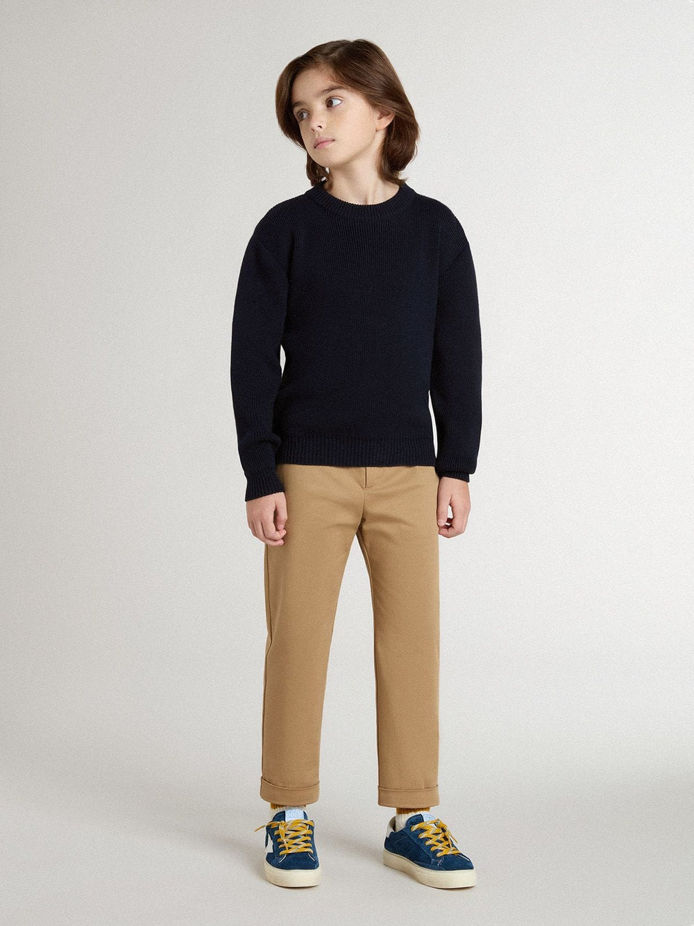 Boys’ blue crew-neck sweater with 'Golden' lettering on the back