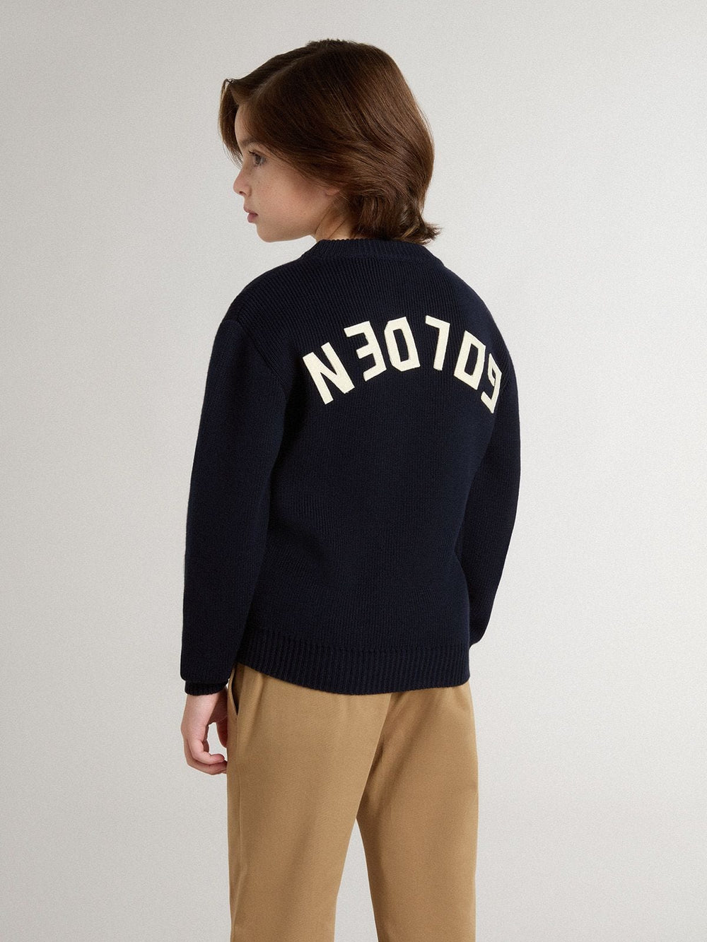 Boys’ blue crew-neck sweater with 'Golden' lettering on the back